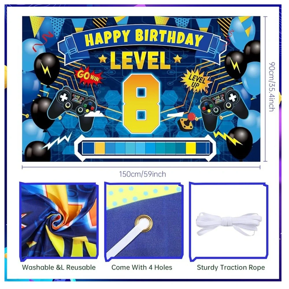 Video Game Level 8th Happy Birthday & balloons,3 x 5,Party Decorations